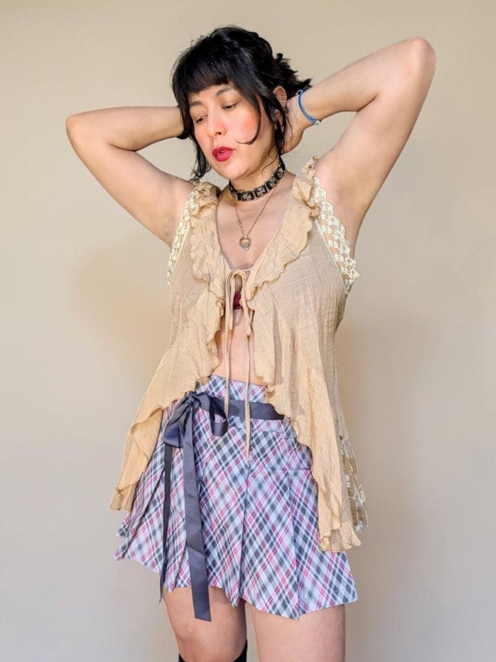 VTG Y2K deadstock fairy cottage tan ruffle floral lace tie front top S New $78
